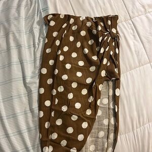 Brown Linen Knotted Asymmetrical Design High-rise Polka Dot Midi Skirt Size S